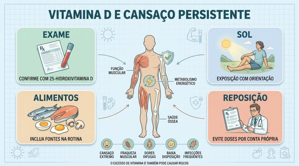Exame, sol, alimentação e acompanhamento orientam o cuidado seguro com vitamina D.