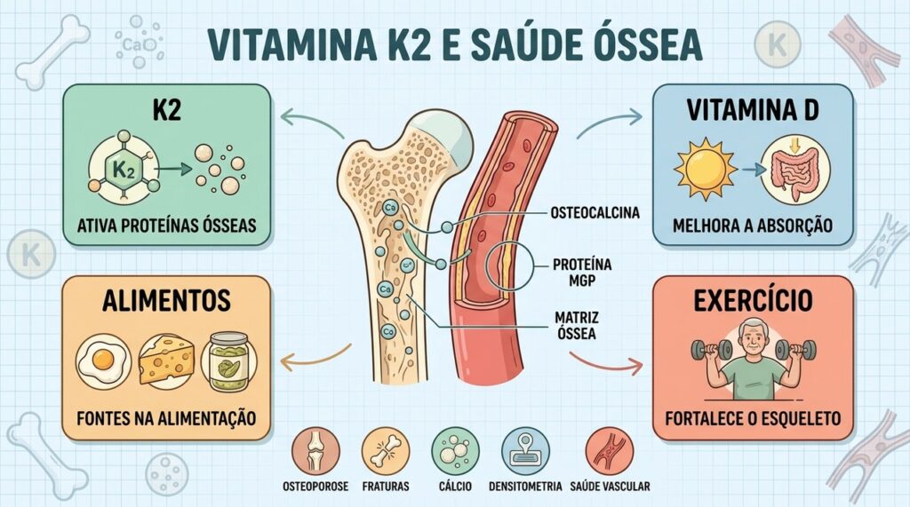 K2, vitamina D, alimentação e exercícios integram os cuidados para preservar a saúde óssea.