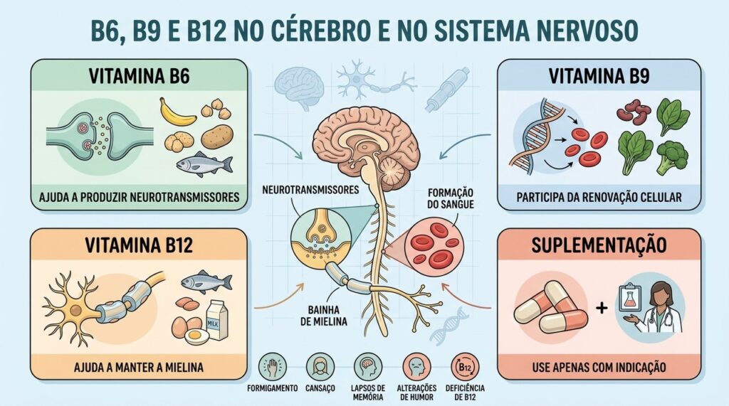 B6, B9 e B12 apoiam neurotransmissores, mielina, células sanguíneas e função neurológica.