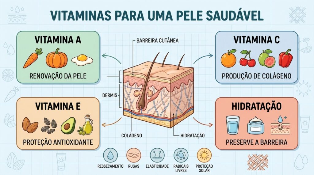 Vitaminas A, C e E atuam na renovação, proteção e estrutura saudável da pele.