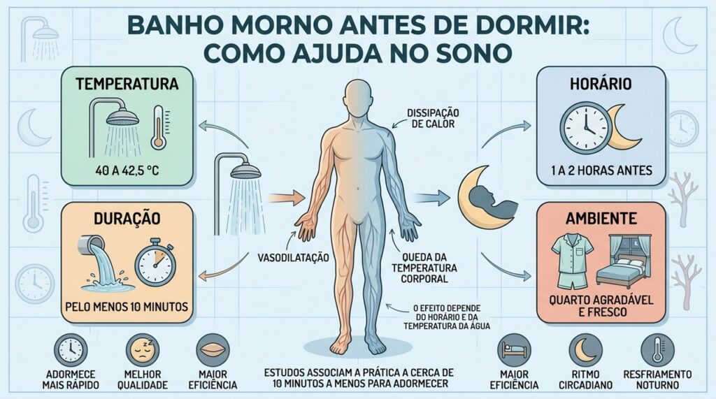Temperatura, horário, duração e resfriamento após o banho influenciam o sono.