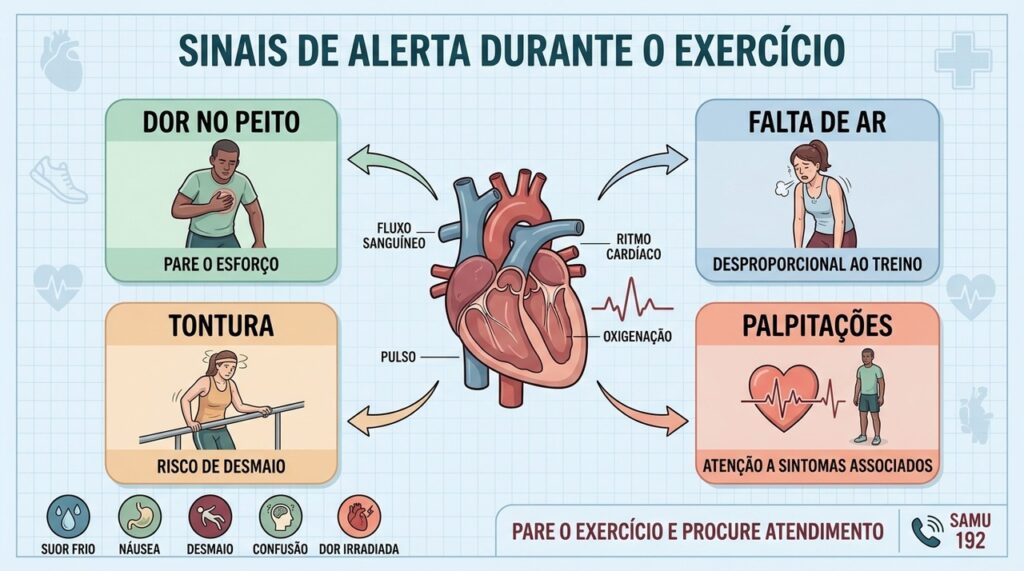 Dor, falta de ar, tontura e desmaio orientam interrupção imediata do exercício.