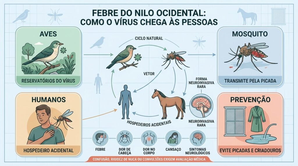 Aves infectam mosquitos Culex, que podem transmitir o vírus às pessoas.