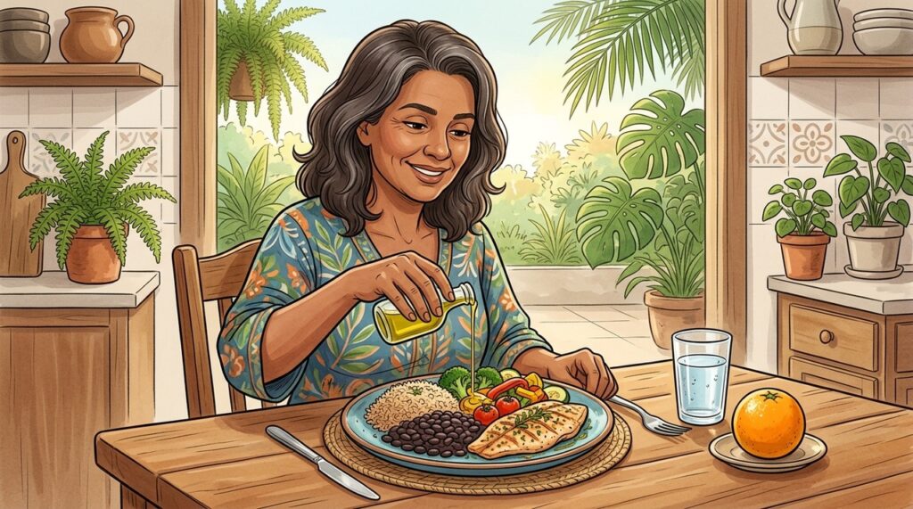 Arroz, feijão, vegetais e proteína mostram como comer bem pode ser simples.