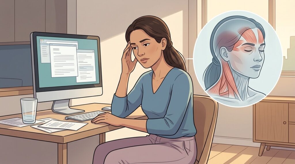 Tensão cervical, telas e pouca hidratação podem favorecer dor no fim do dia.