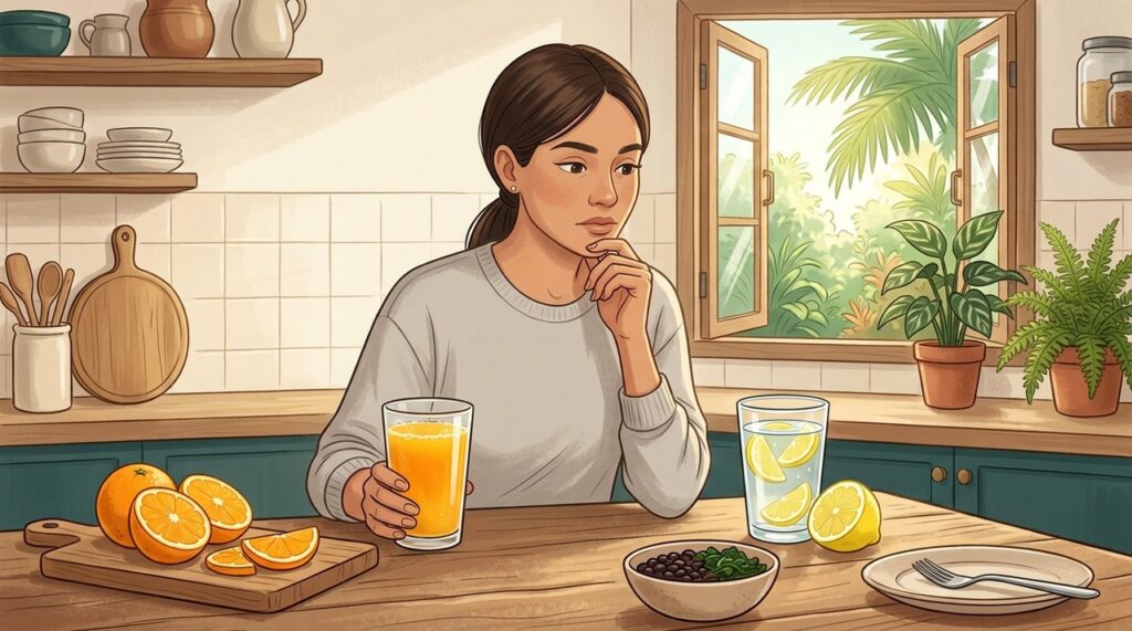 Mais vitamina C no suco; menor impacto glicêmico na água com limão.