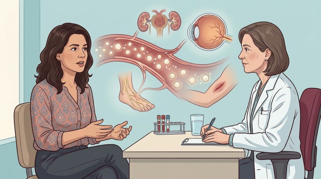Glicose elevada pode afetar hidratação, visão, nervos, rins e cicatrização.