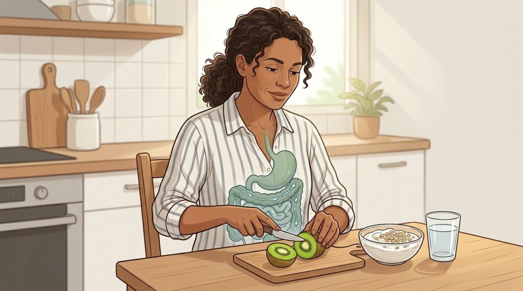 Dois kiwis por dia podem ajudar na regularidade e no conforto intestinal.
