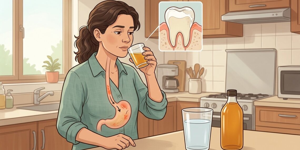 Tomar vinagre de maçã puro pode irritar o estômago e desgastar o esmalte dos dentes quando o hábito é frequente