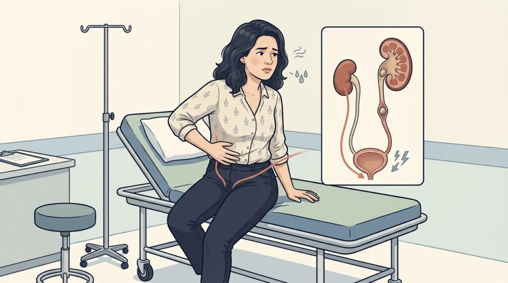 Inquietação, náusea e dor em ondas reforçam a suspeita de cólica renal.