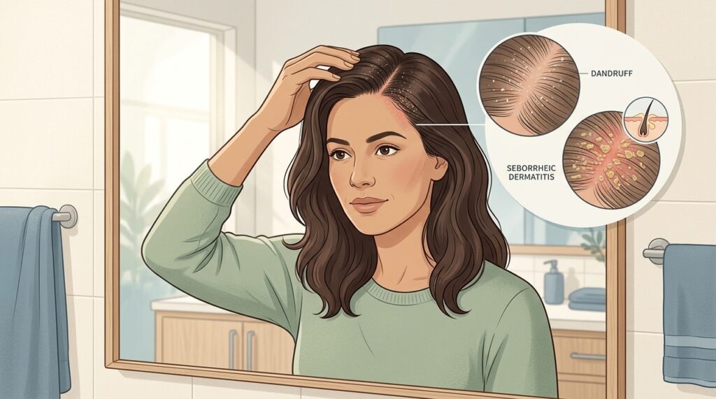 Vermelhidão, placas e outras áreas afetadas sugerem dermatite seborreica.