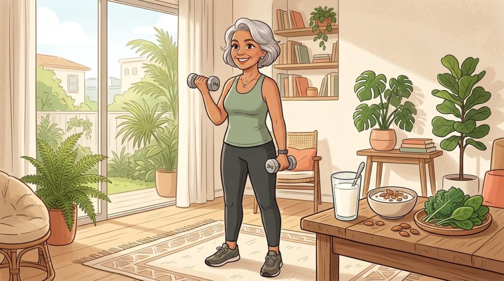 Vitamina D favorece a absorção do cálcio, essencial para os ossos após a menopausa.