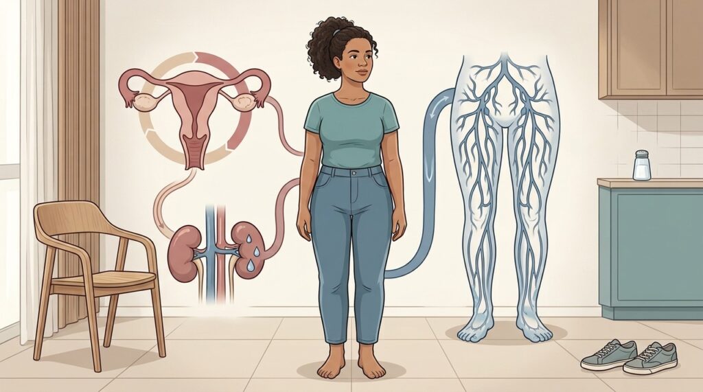 Oscilações hormonais e drenagem linfática lenta podem favorecer retenção de líquidos frequente.