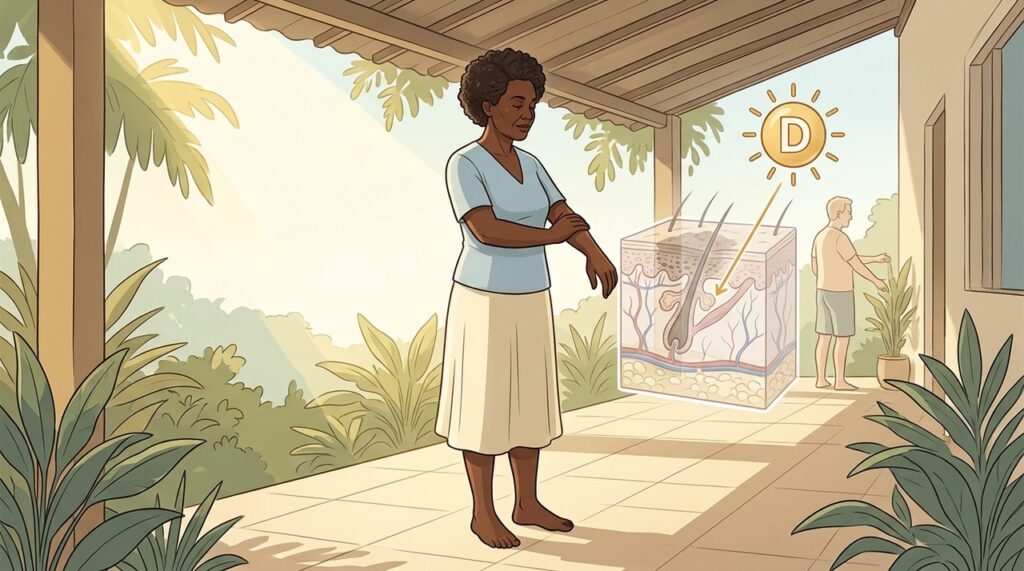 A melanina influencia quanto tempo de exposição solar é necessário para produzir vitamina D.