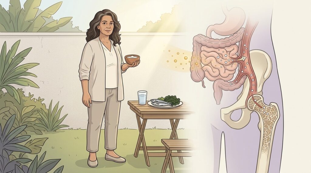 Após a menopausa, vitamina D e cálcio ganham importância na manutenção óssea.