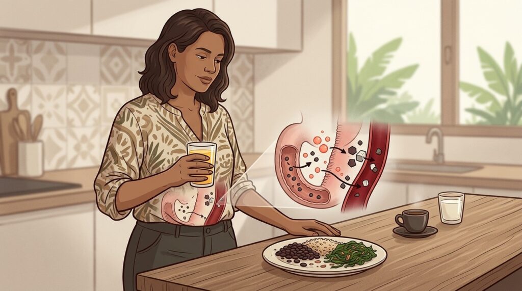 Vitamina C favorece a absorção do ferro, enquanto chá e cálcio podem atrapalhar.