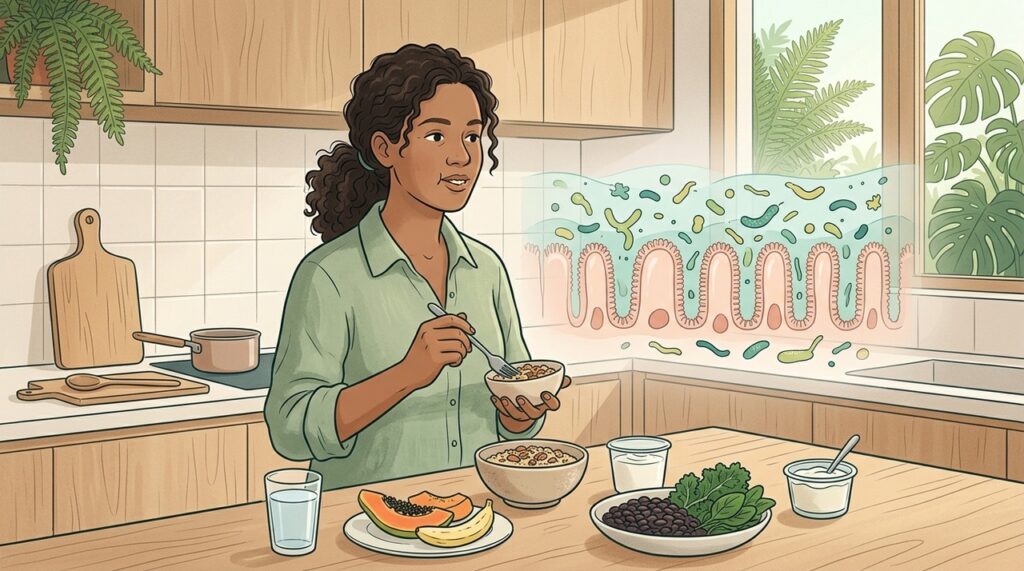 Diversidade alimentar favorece fibras, microbiota e mecanismos naturais de proteção da mucosa intestinal.