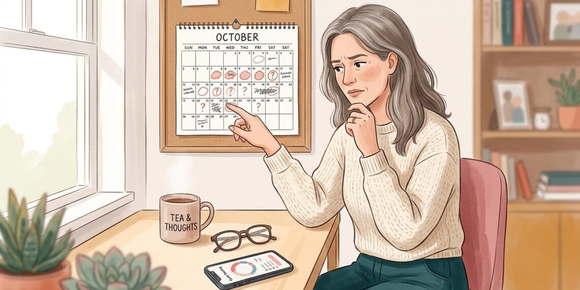 Mudanças no intervalo e na intensidade da menstruação podem surgir durante a transição para a menopausa.