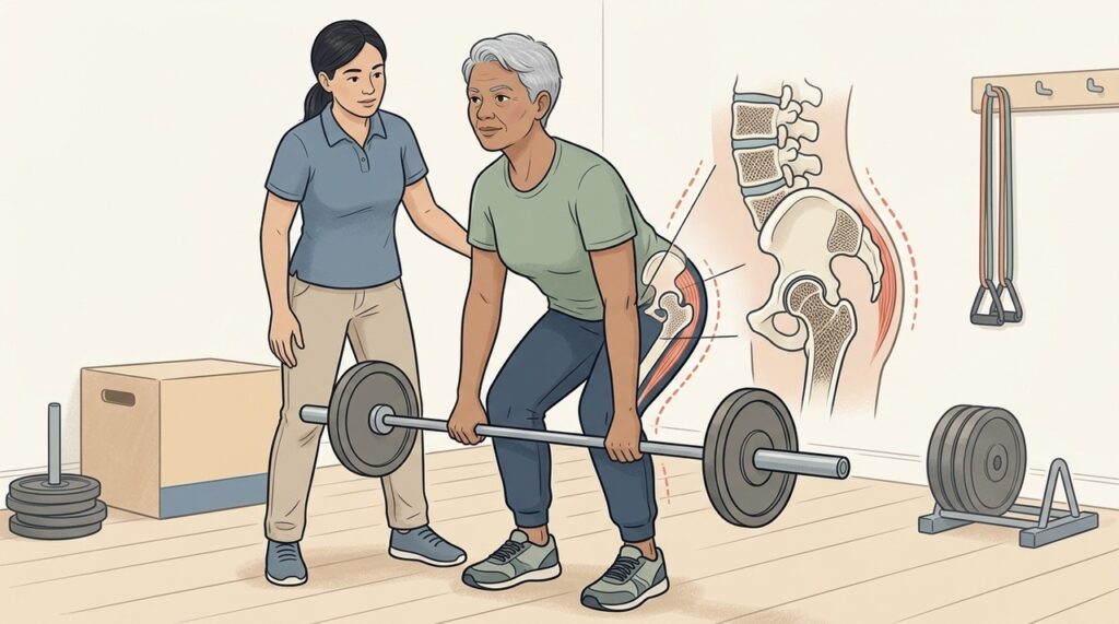Cargas bem orientadas estimulam remodelação óssea e reduzem fragilidade após a menopausa.