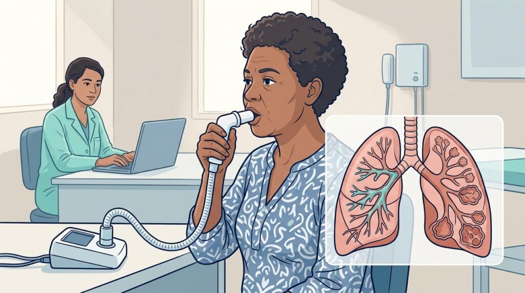 A espirometria confirma a obstrução respiratória característica da doença pulmonar obstrutiva crônica.