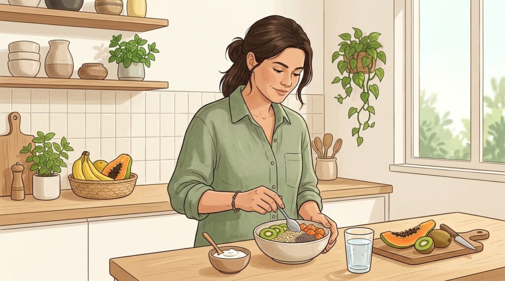 Aveia, frutas, chia e líquidos podem favorecer fezes mais macias e regulares.