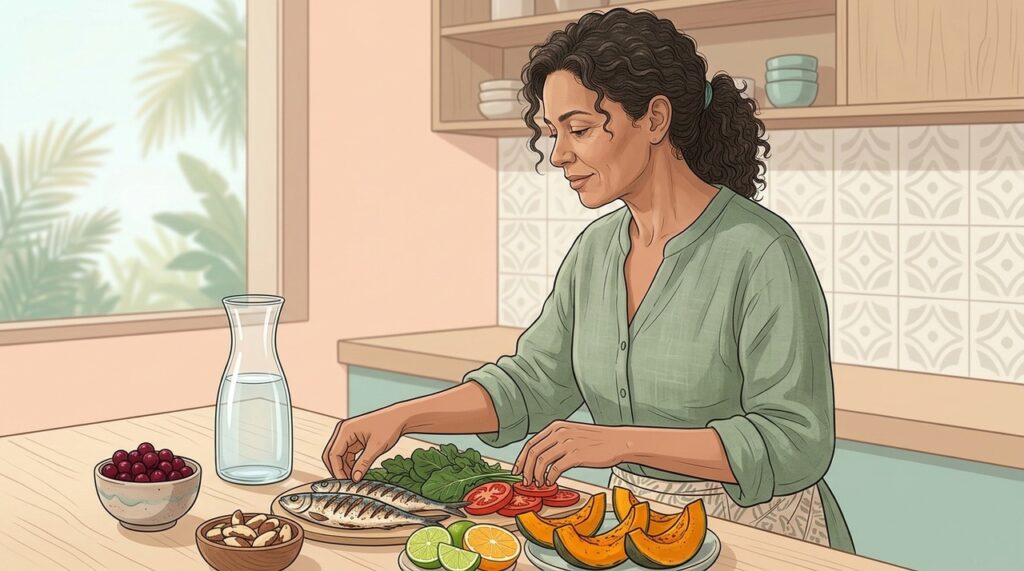 Uma alimentação variada fornece nutrientes essenciais para colágeno, hidratação e proteção antioxidante.