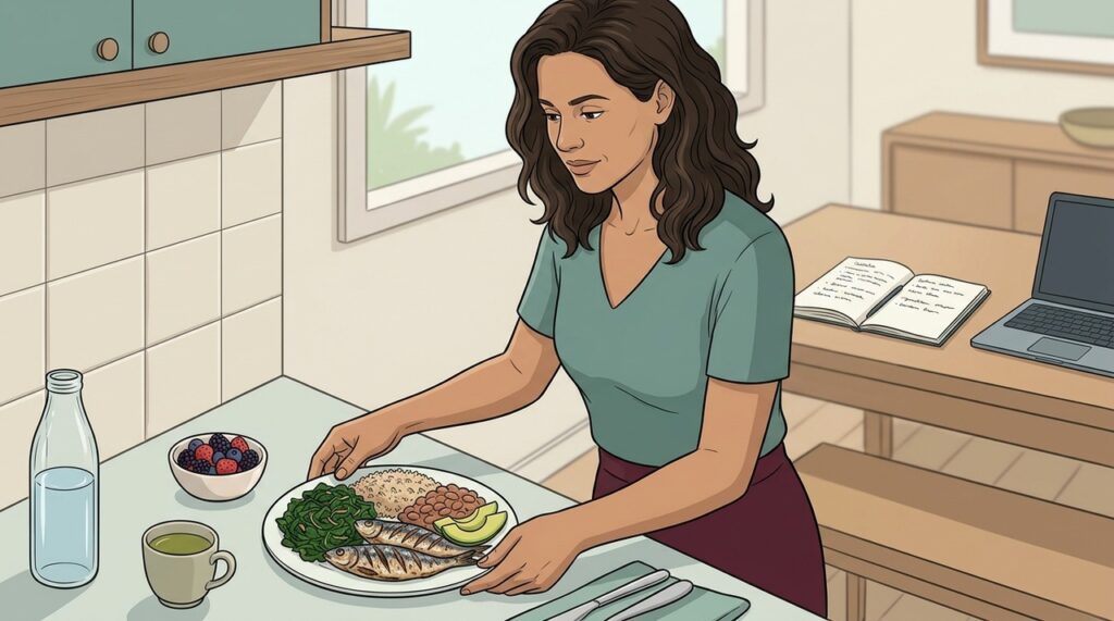 Peixes, grãos integrais, proteínas e água favorecem energia estável e desempenho cognitivo.