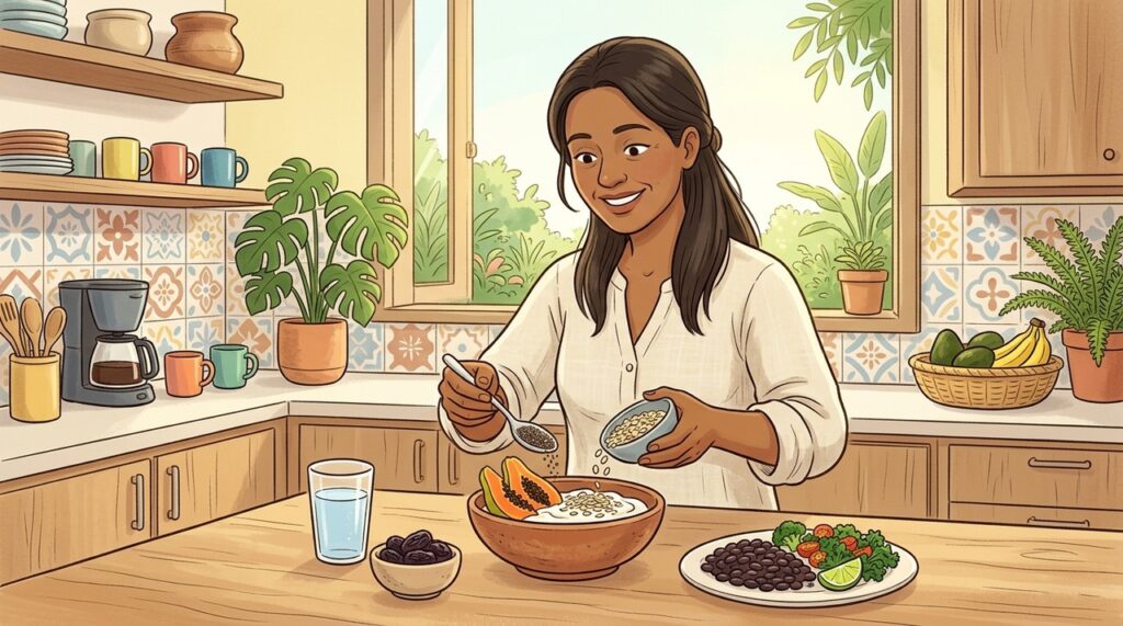 Água e alimentos ricos em fibras favorecem o trânsito intestinal e a saúde da microbiota.