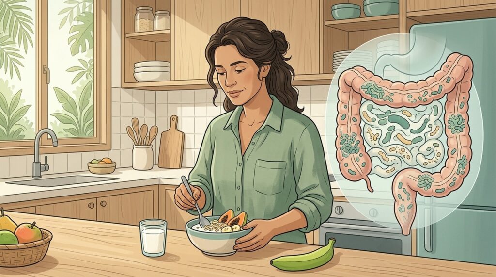 Iogurte, kefir e fibras prebióticas ajudam a sustentar uma microbiota mais diversa.