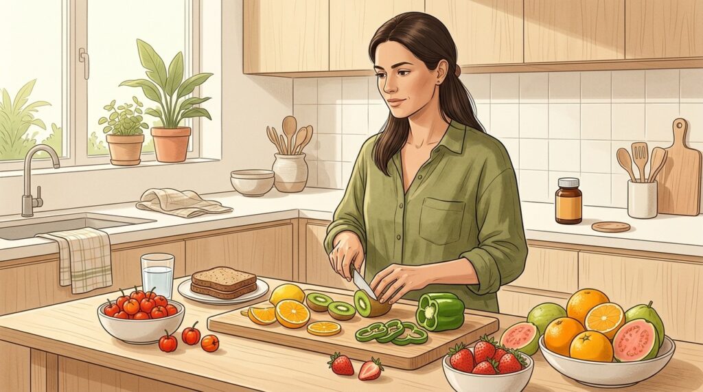 Frutas e vegetais fornecem vitamina C suficiente para a maioria dos adultos saudáveis.