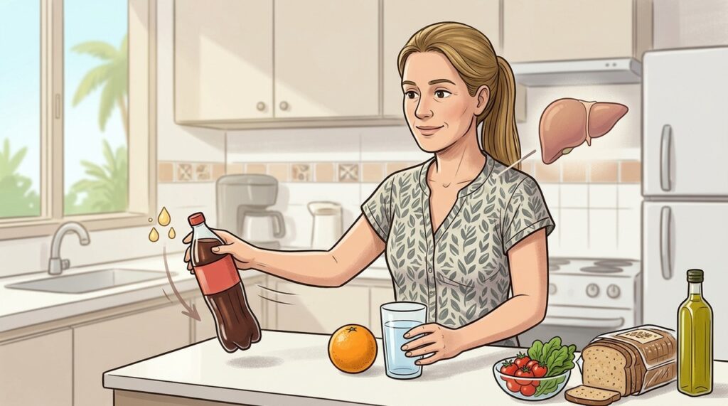 Trocar bebidas açucaradas por água e frutas inteiras ajuda a preservar a saúde metabólica do fígado.