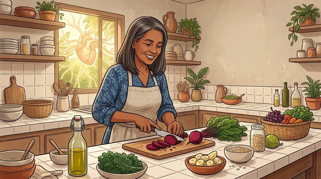 Uma alimentação rica em potássio, fibras e vegetais favorece a saúde cardiovascular.