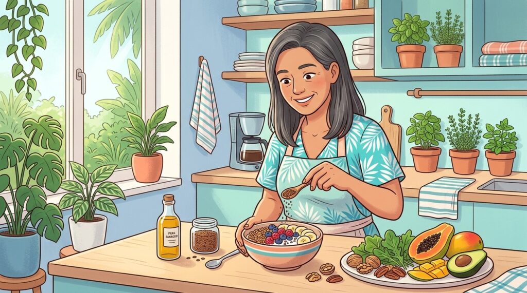 Fontes vegetais combinam ALA, fibras e antioxidantes em uma rotina favorável à saúde cerebral.