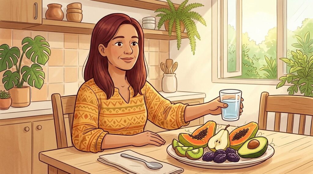 Frutas ricas em fibras e hidratação favorecem o trânsito intestinal de forma natural.