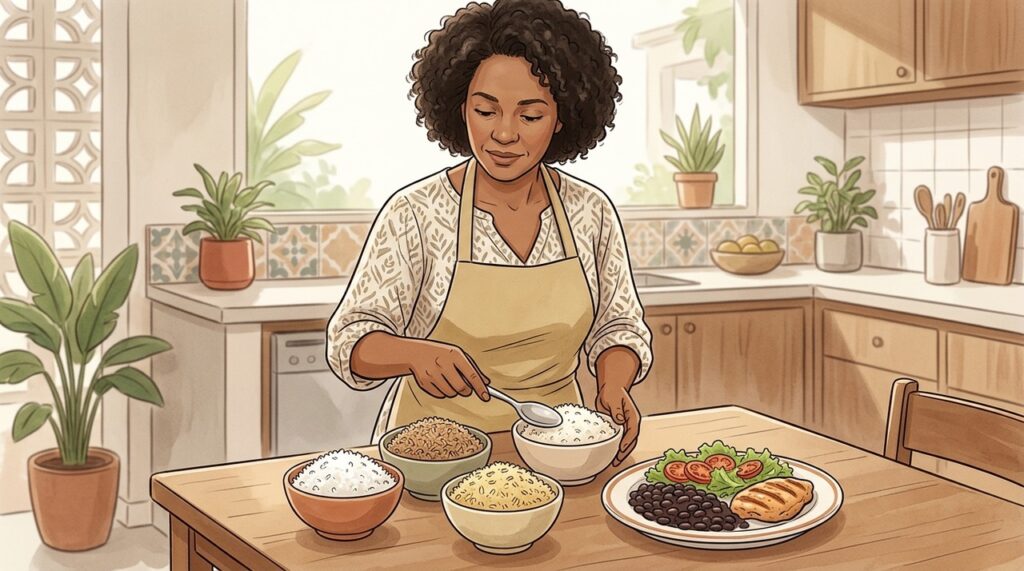 A escolha do arroz depende do processamento, das fibras e da composição da refeição.