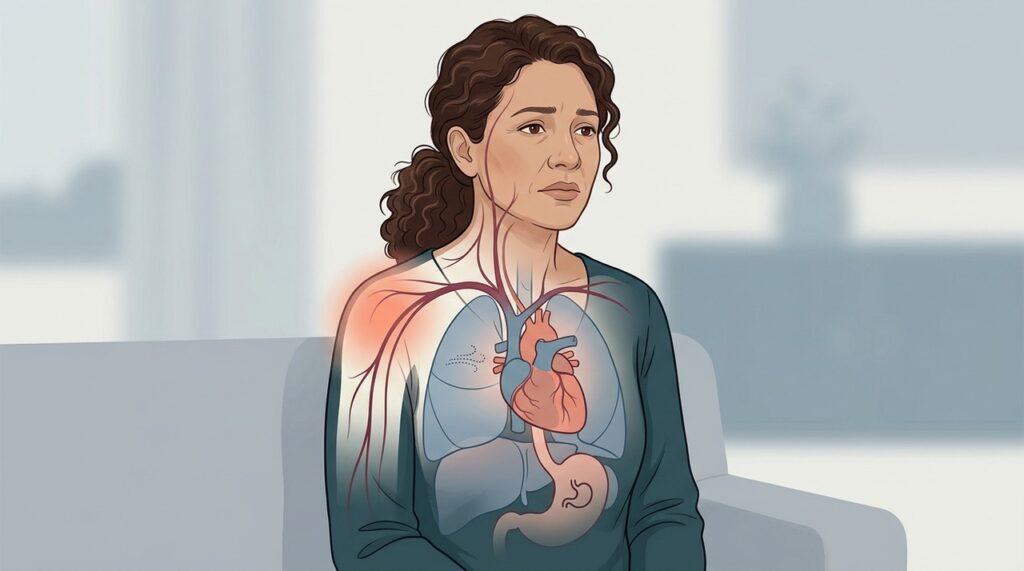 No infarto feminino, a dor pode irradiar para ombro, costas ou mandíbula.