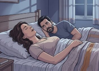 Imagem de capa — Opção 1 Illustration, sophisticated adult editorial style, non-photorealistic, clean refined linework with soft dimensional shading and a restrained palette of dusty blues, muted navy, soft gray, warm ivory, and subtle coral accents. A 48-year-old Brazilian man with light tan skin, short dark hair slightly graying at the temples, sitting on the edge of his bed shortly after waking, gently pressing his fingertips against both temples with a tired but composed expression. His partner is still asleep beside him, while the morning light enters through a partially open curtain. On the bedside table, only a glass of water and a simple alarm clock. The scene should subtly communicate recurring morning headache and unrestful sleep without dramatization, with slightly rumpled bedding and a calm residential Brazilian bedroom. Mature medical-editorial aesthetic, observational, credible, understated. Medium-wide shot from a natural three-quarter angle. No text, no labels, no arrows, no circles, no medical warning symbols, no exaggerated pain, no distressed expressions, no advertisements, no product branding, no watermarks, no inscriptions. 16:9 Legenda da capa — Opção 1 Dor de cabeça recorrente ao acordar pode estar ligada à apneia do sono. Imagem de capa — Opção 2 Illustration, sophisticated adult editorial style, non-photorealistic, detailed clean linework with soft shading and a restrained palette of muted indigo, cool blue-gray, soft beige, pale lavender, and subtle warm accents. A middle-aged Brazilian woman with fair-to-medium skin and naturally wavy dark brown hair sleeping on her back in a quiet bedroom at night, her mouth slightly open and her breathing appearing labored but not dramatic. Beside the bed, her partner is awake and looking toward her with mild concern after noticing disrupted breathing during sleep. The composition should visually suggest obstructive sleep apnea through posture, interrupted rest, and the observation of a bed partner rather than through diagrams or exaggerated anatomy. Subtle moonlight, soft bedding textures, Brazilian residential interior with understated wooden furniture. Adult health-magazine illustration, calm, serious, informative. Medium shot from a slightly elevated side angle. No text, no labels, no arrows, no circles, no anatomical cutaways, no exaggerated suffocation, no panicked expressions, no advertisements, no product branding, no watermarks, no inscriptions. 16:9 Legenda da capa — Opção 2 Ronco, pausas respiratórias e sono fragmentado ajudam a levantar suspeita de apneia. Imagem do corpo — Infográfico Illustration, sophisticated adult editorial infographic style, non-photorealistic, clean refined linework with soft dimensional shading, dusty blues, muted navy, pale lavender, soft gray, warm ivory, and restrained coral accents. Horizontal 16:9 medical editorial infographic with a very light blue background (#E8F0F5), subtle blueprint-style grid texture, and faint translucent sleep, breathing, and oxygen-related motifs. At the top center, bold dark-teal uppercase sans-serif title "APNEIA DO SONO: SINAIS E CUIDADOS". Four spacious rounded cards arranged around a central educational illustration. Top-left mint green card (#D4E8D4), heading "CEFaleia" corrected visually as "CEFALEIA", illustration of a person waking while gently touching both temples, subtitle "DOR AO ACORDAR". Top-right light blue card (#D4E4F0), heading "RESPIRAÇÃO", illustration of a sleeping adult with subtle airflow interruption, subtitle "RONCO E PAUSAS NOTURNAS". Bottom-left warm beige-orange card (#F5E0C8), heading "SONOLÊNCIA", illustration of an adult struggling to stay alert during daytime work, subtitle "CANSAÇO DURANTE O DIA". Bottom-right soft coral card (#F0D0C8), heading "TRATAMENTO", illustration of a sleeping adult using a discreet CPAP mask alongside a side-sleeping posture icon, subtitle "AVALIAÇÃO E CONTROLE". Center: a didactic semi-anatomical side profile of the head and upper airway during sleep, showing the tongue, soft palate, throat passage, and narrowed upper airway without alarming distortion. Add three precise labels with thin connector lines: "VIA AÉREA ESTREITADA", "QUEDA DE OXIGÊNIO", "SONO FRAGMENTADO". Use thin curved connectors from the four cards toward the center to show relationships without clutter. Along the lower section, four small circular medical icons with concise labels: blood pressure cuff "HIPERTENSÃO", heart rhythm symbol "ARRITMIAS", heart icon "RISCO CARDÍACO", and brain vessel icon "AVC". Add a small diagnostic strip with a sleep-study monitor and the text "POLISSONOGRAFIA CONFIRMA O DIAGNÓSTICO". Adult, sober, detailed medical-magazine aesthetic, scientifically educational, uncluttered, with no childish facial expressions on organs or symbols. Render all quoted text in Brazilian Portuguese exactly as written, preserving accents (á, ã, ç, é, ó, ú). Do not translate, do not modify the text. 16:9 Legenda do infográfico Cefaleia, ronco, sonolência e pausas respiratórias orientam a investigação da apneia.