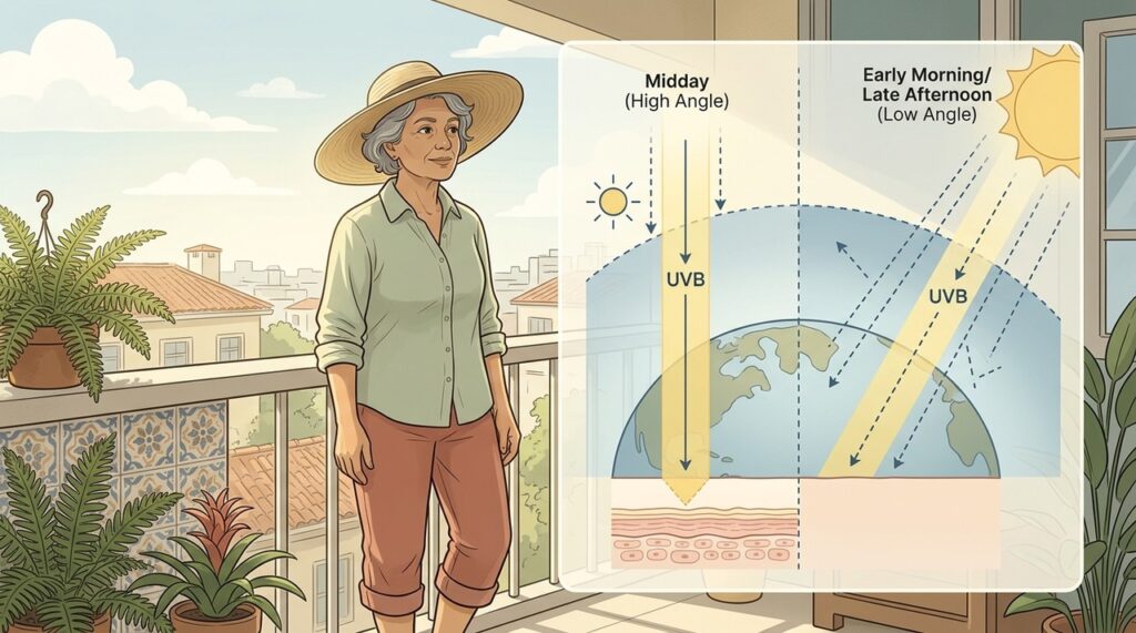 A posição do sol influencia diretamente a quantidade de UVB que chega à pele.