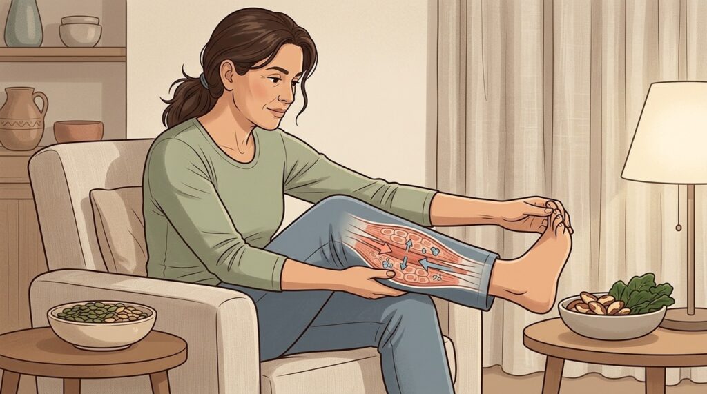 Câimbras noturnas podem estar relacionadas ao equilíbrio mineral e à função neuromuscular.