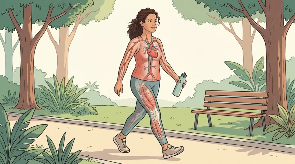 A caminhada moderada fortalece o coração e melhora o controle da glicemia.