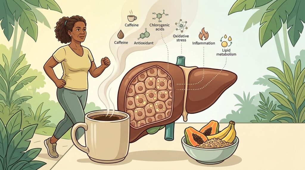 Estudos associam café regular a indicadores mais favoráveis de saúde hepática.