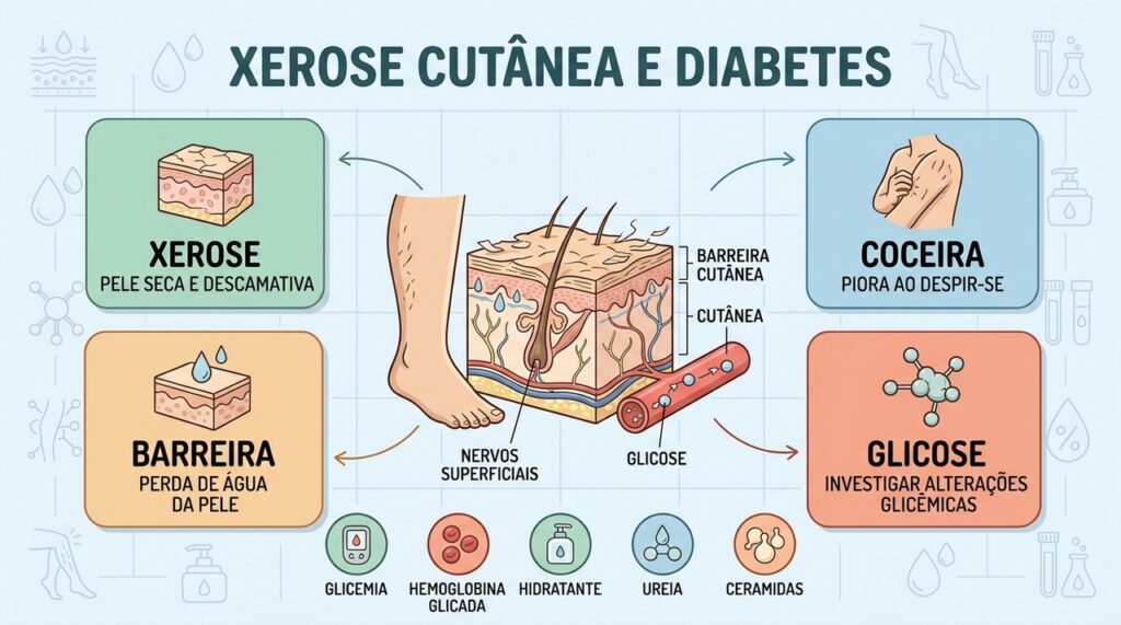 Xerose, barreira cutânea e glicose ajudam a entender a coceira persistente nas pernas.