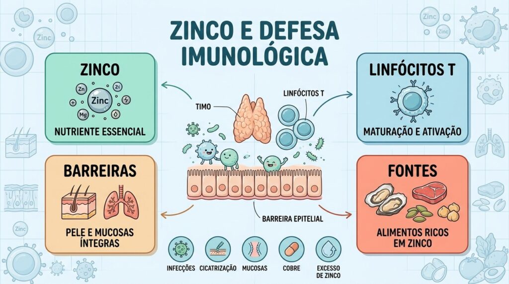 Zinco, linfócitos T, barreiras epiteliais e alimentação formam pilares da defesa imunológica.