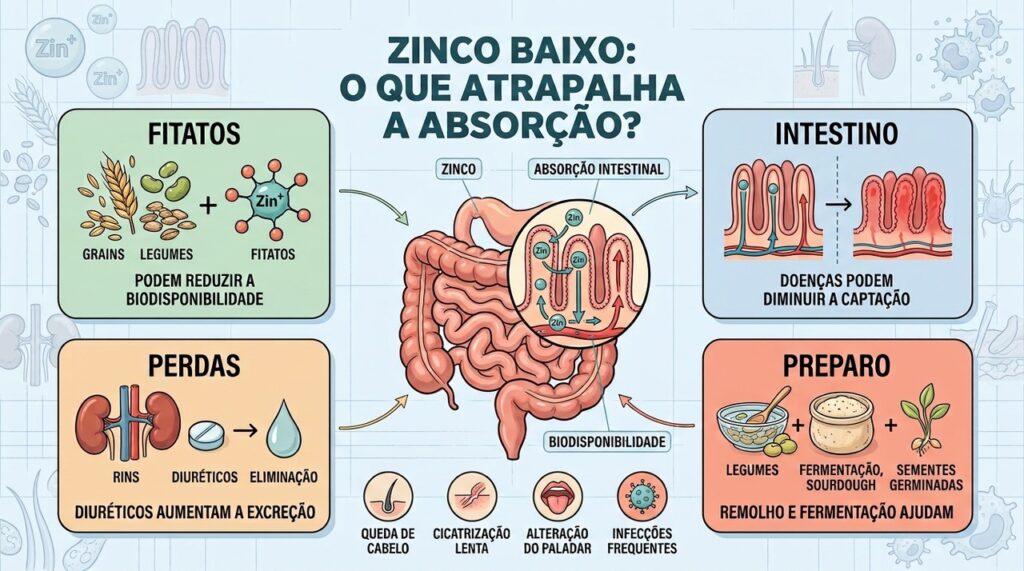 Fitatos, intestino, perdas urinárias e preparo dos grãos influenciam a biodisponibilidade do zinco.