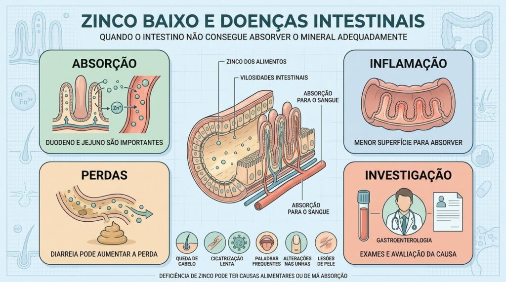 Falta de zinco pode ter origem em doenças intestinais que prejudicam sua absorção. Entenda a relação com Crohn e os sinais que merecem atenção.