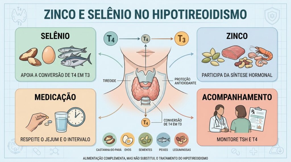 Selênio, zinco, medicação correta e acompanhamento apoiam o equilíbrio da tireoide.