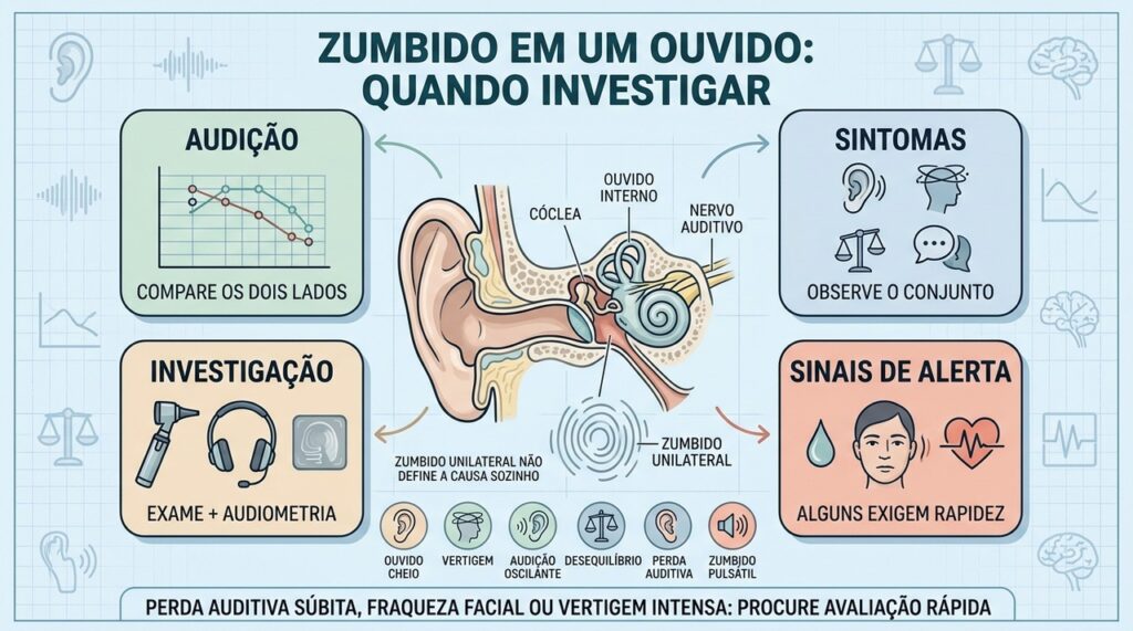Audição, vertigem e outros sinais ajudam a orientar a investigação do zumbido unilateral.