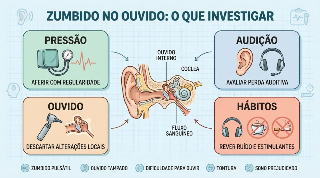 Apitos e chiados sem fonte externa merecem investigação clínica cuidadosa.
