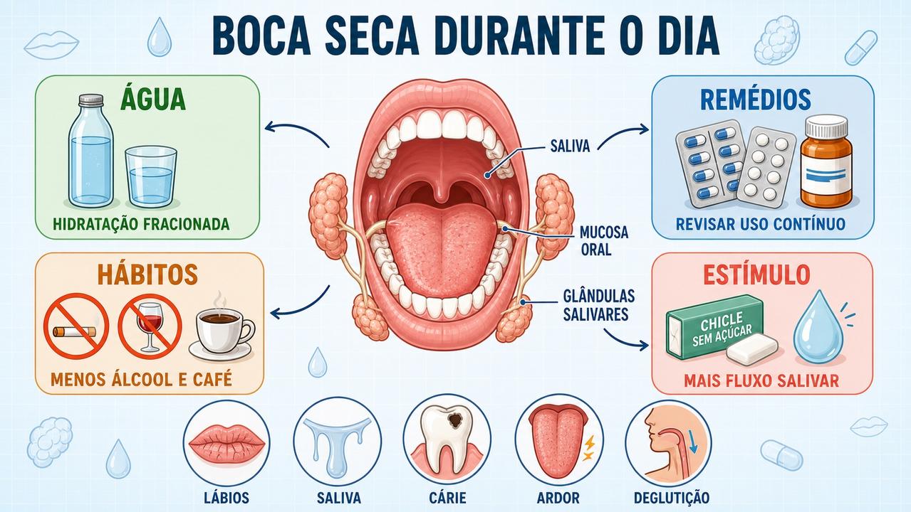 Hidratação, revisão dos remédios, hábitos e estímulo salivar ajudam no alívio.