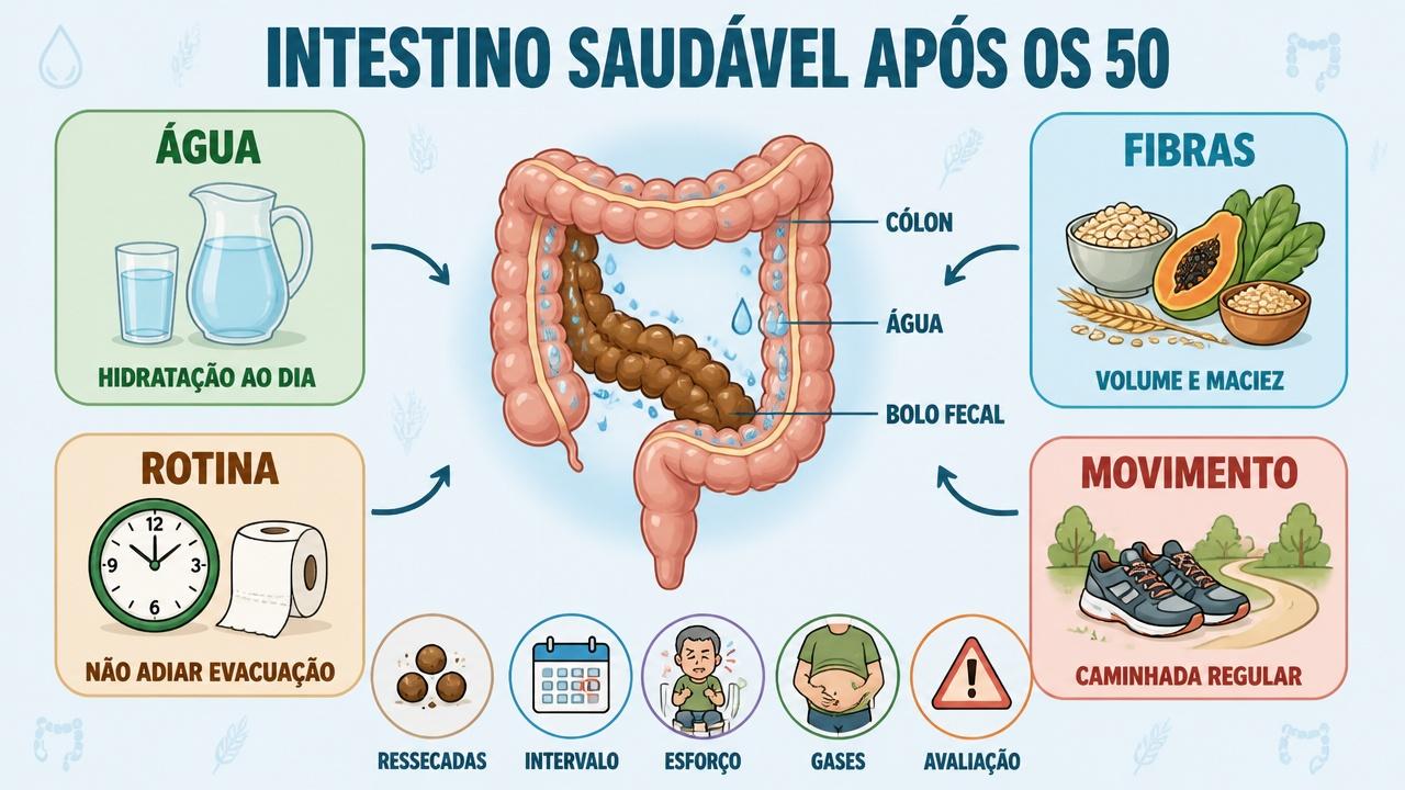 Água, fibras, rotina e movimento sustentam um intestino mais saudável.
